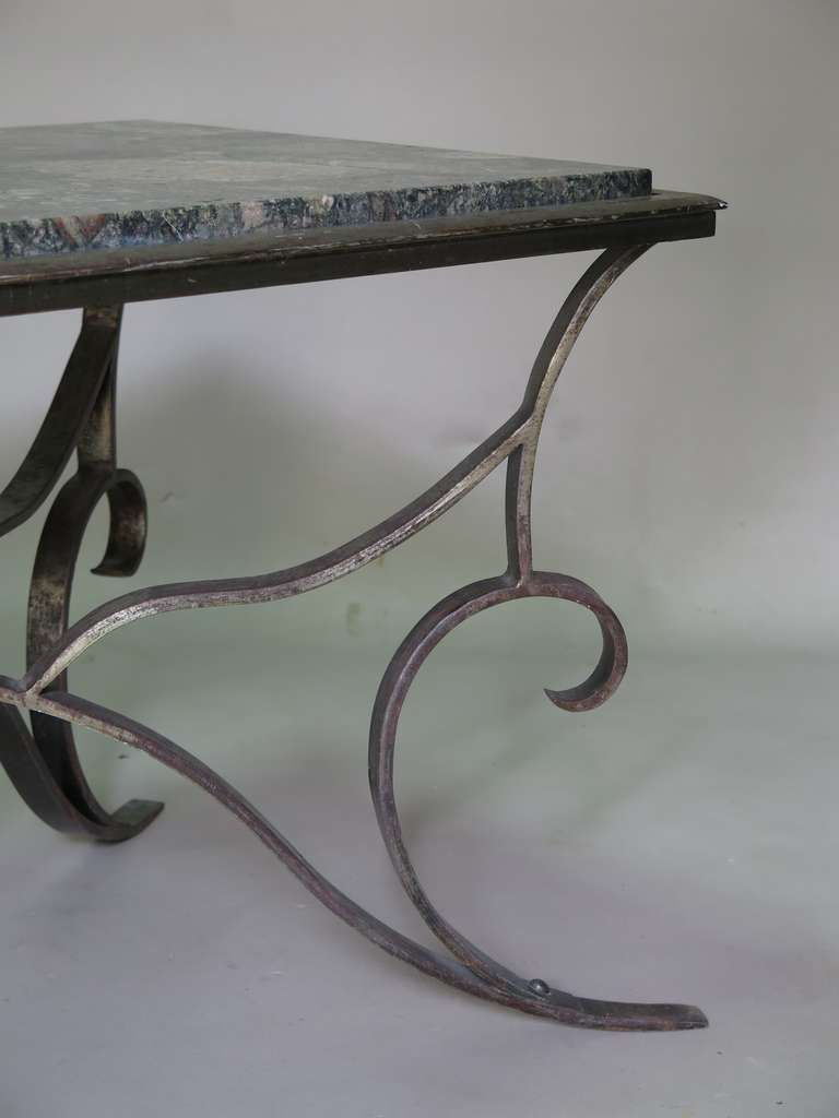 French Art Deco Hammered Iron and Marble Coffee Table, France, 1930s