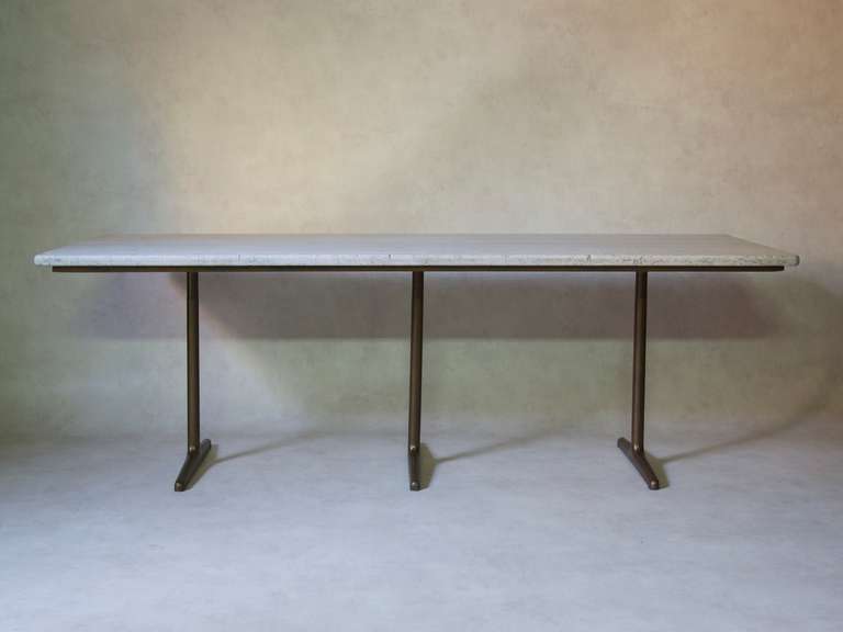 French Long Dining Table with Stone Top and Cast-Iron Base, France, 1920s