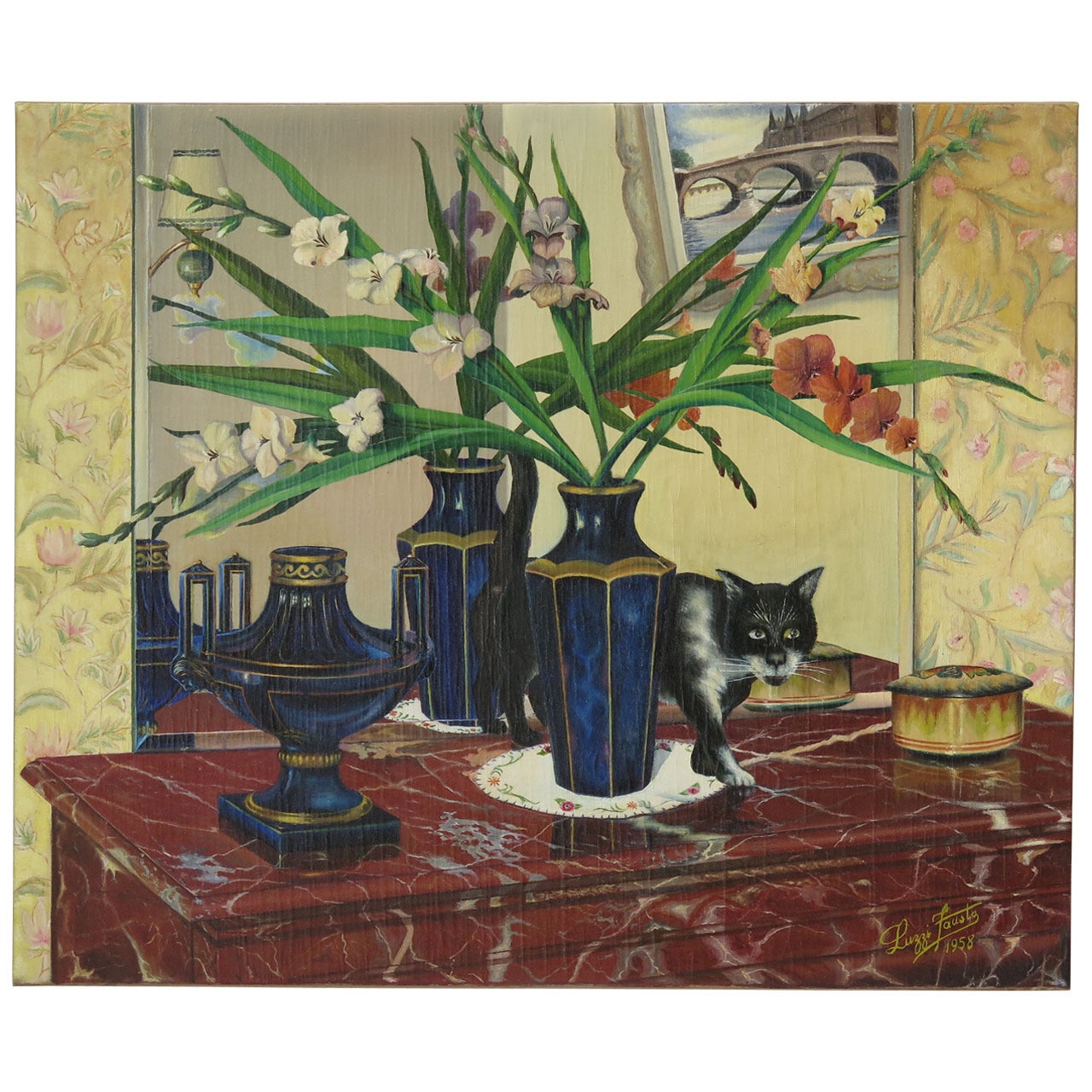 "Chat et Glaieuls" Oil on Canvas Painting, Italy, 1958 For Sale