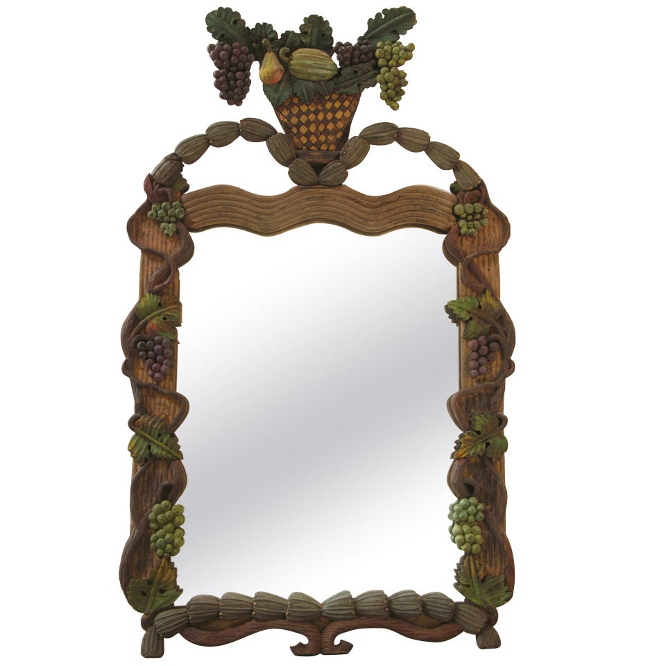 Elaborately Carved Polychrome Wood Frame and Mirror