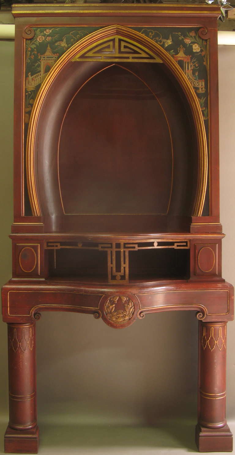 Wonderful red-lacquered and gilt fireplace, with Asian inspired motifs. A statement piece!