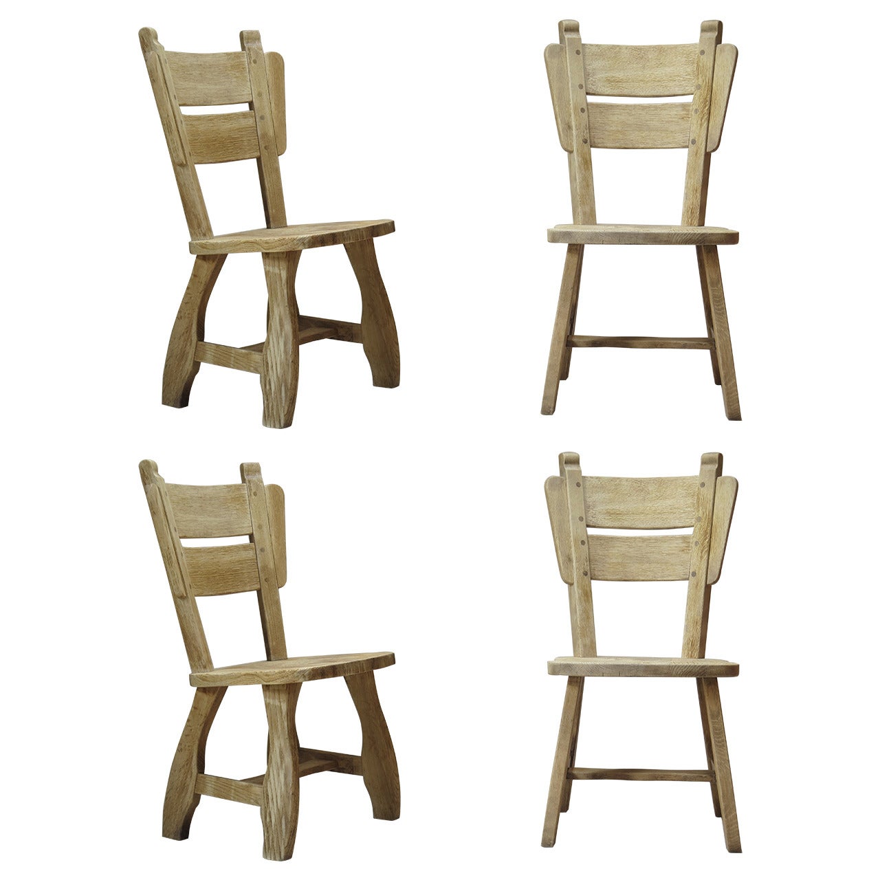 Set of 4 Brushed Oak Chairs - France, Circa 1950s