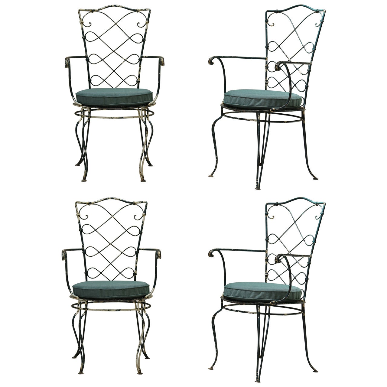 Set of Four Green-Painted Iron Garden Chairs, France, 1940s