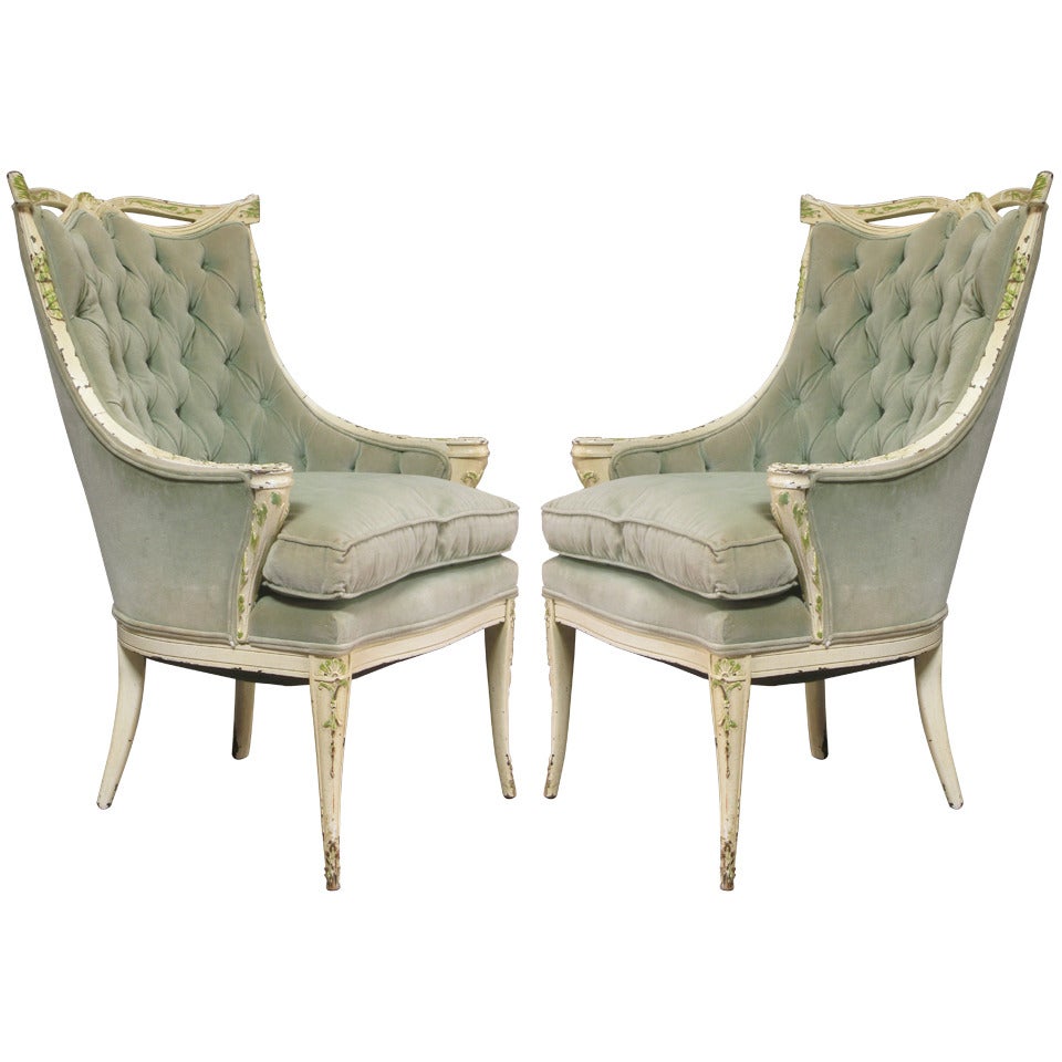 Louis XVI Style Swag Back Tufted Armchairs, France, 1940s For Sale