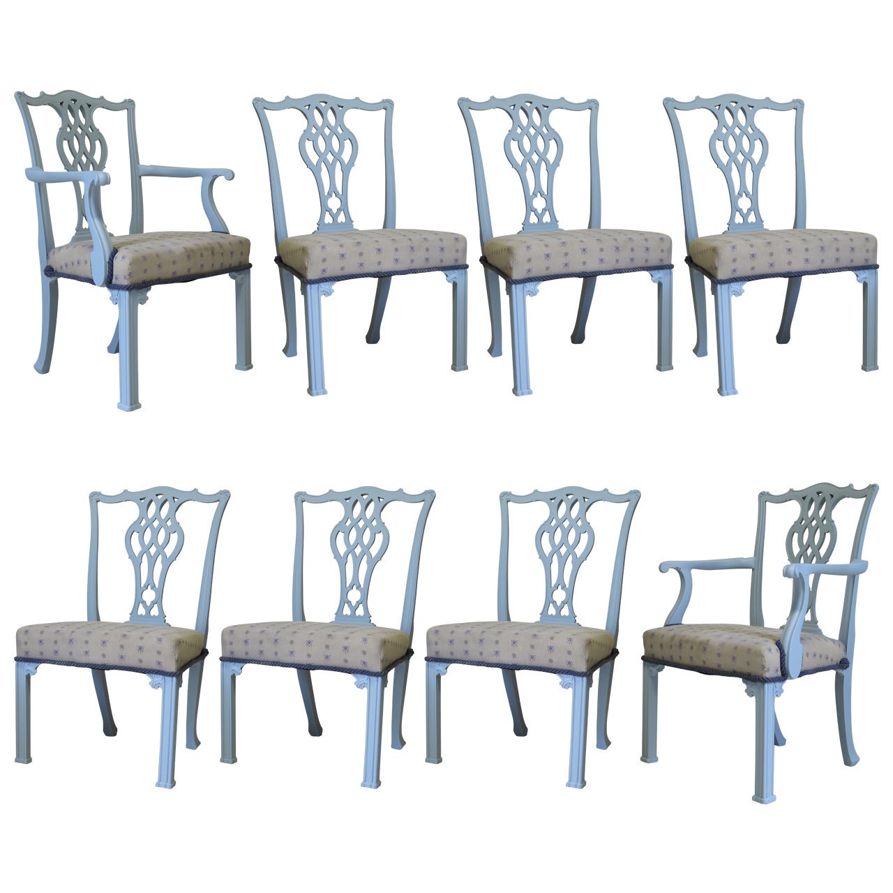 Set of Six Chippendale Style Chairs and Two Carvers, France, circa 1940s For Sale