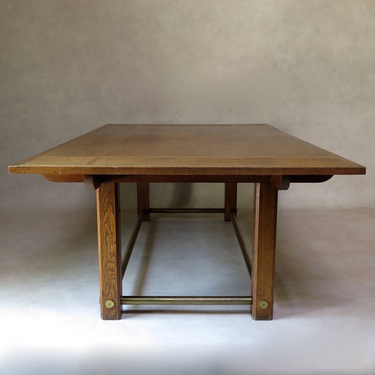 French Large Oak and Brass Table, France, circa 1950s