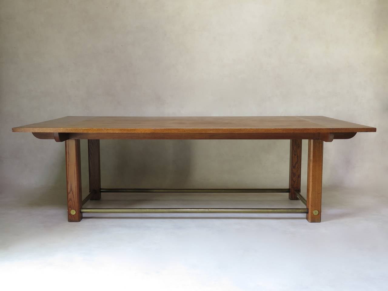 20th Century Large Oak and Brass Table, France, circa 1950s
