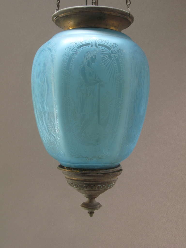 Lovely six-sided hanging lamp, engraved with female figures representing Earth and Water deities (Aqua and Terra), each represented with attributes of these elements.

Signed (engraved) 