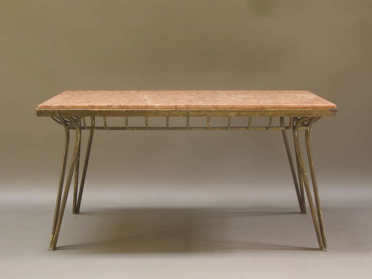 Mid-Century Modern French Gilt Iron and Red Marble Low Table For Sale