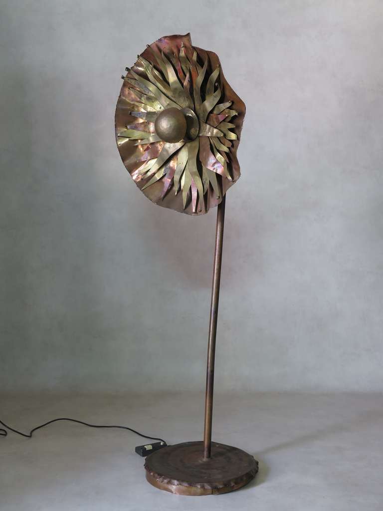 A fun and lovely floor lamp representing a large flower crafted out of copper and brass. The flower head is made out of a large red copper disc and a number of brass and copper petals. The center, behind which the bulb fits, is made of a hammered