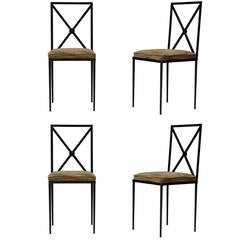 Set of 4 Iron Chairs with Velvet Seats - France, 1950s