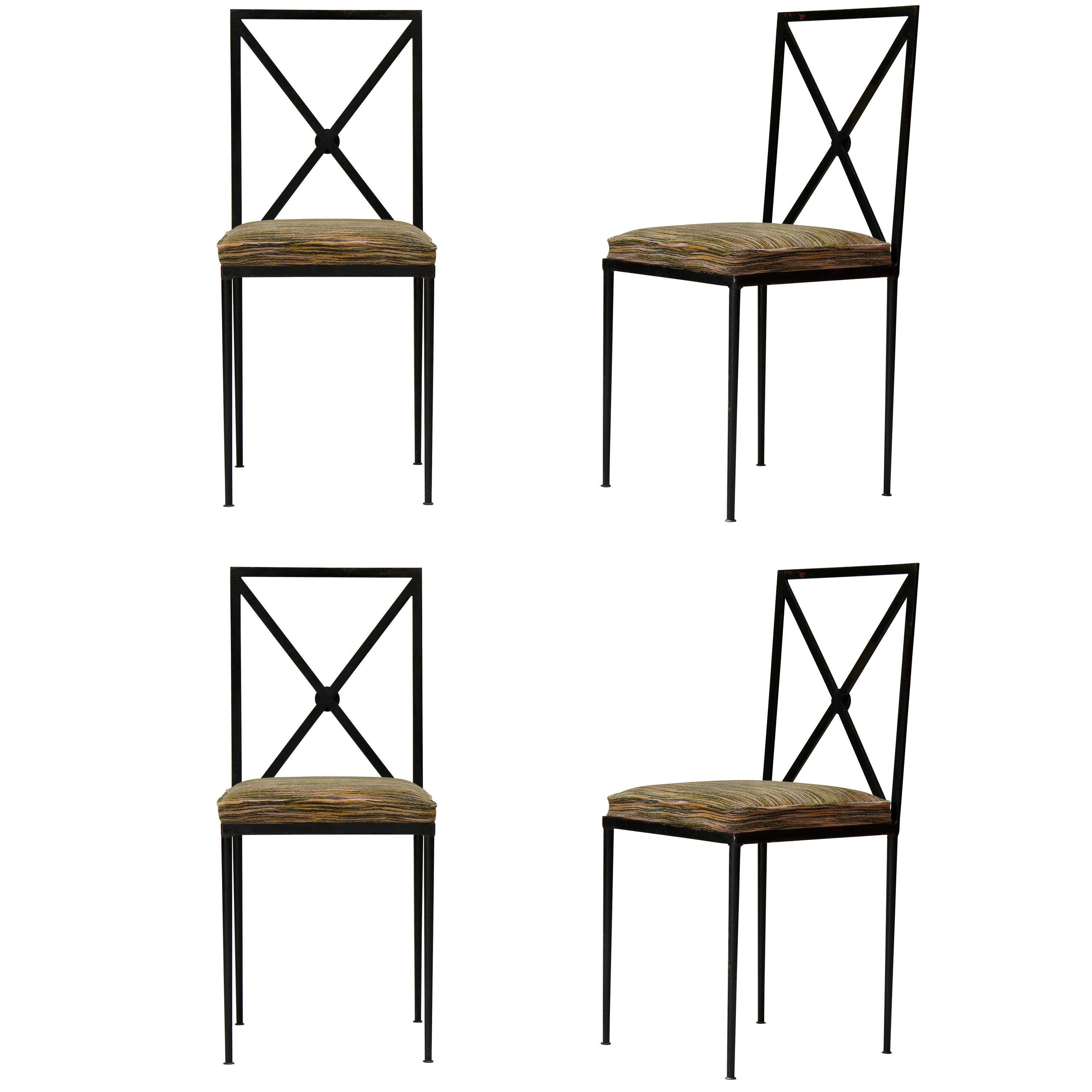 Set of 4 Iron Chairs with Velvet Seats - France, 1950s