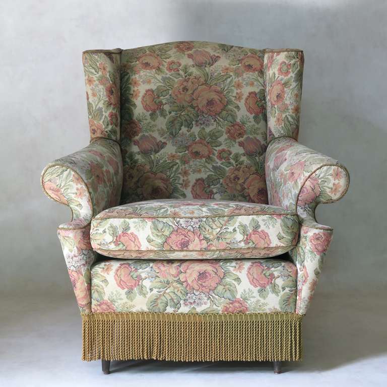 Italian Pair of Floral Upholstered Wingback Armchairs, Italy, circa 1940s