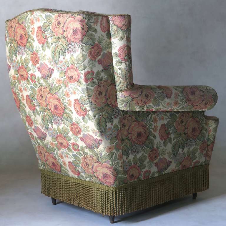20th Century Pair of Floral Upholstered Wingback Armchairs, Italy, circa 1940s