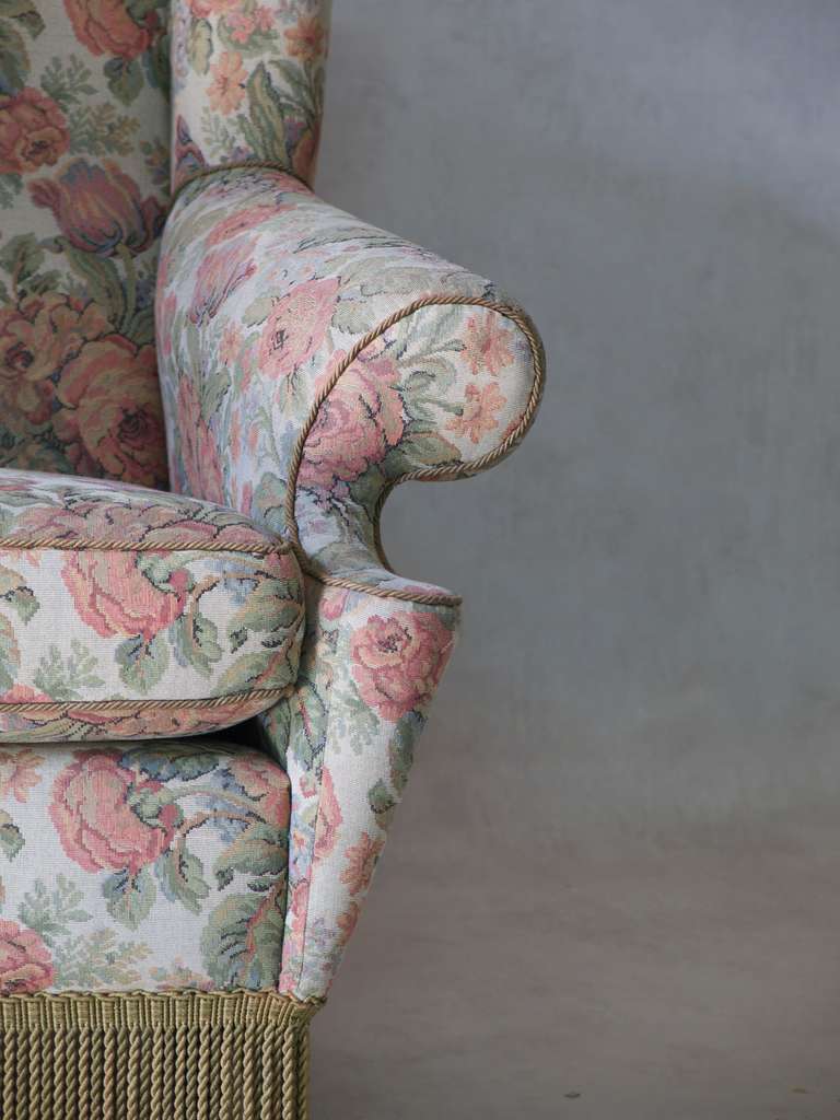 Pair of Floral Upholstered Wingback Armchairs, Italy, circa 1940s 2
