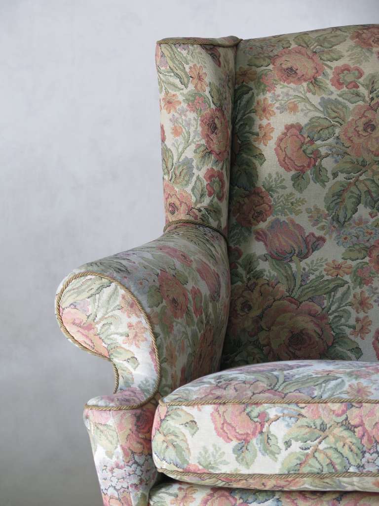 Pair of Floral Upholstered Wingback Armchairs, Italy, circa 1940s 1