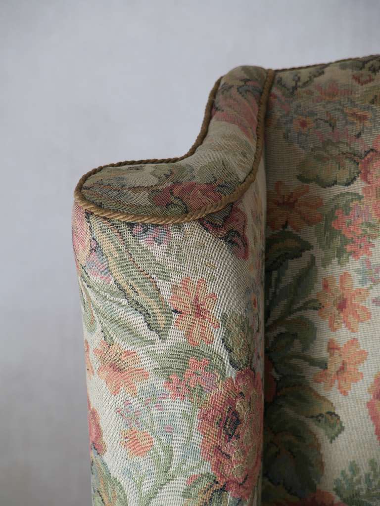 Pair of Floral Upholstered Wingback Armchairs, Italy, circa 1940s 3