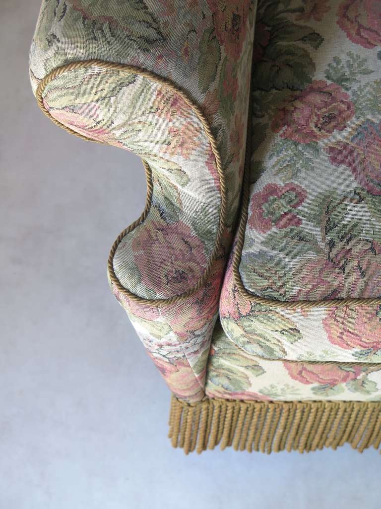 Pair of Floral Upholstered Wingback Armchairs, Italy, circa 1940s 5