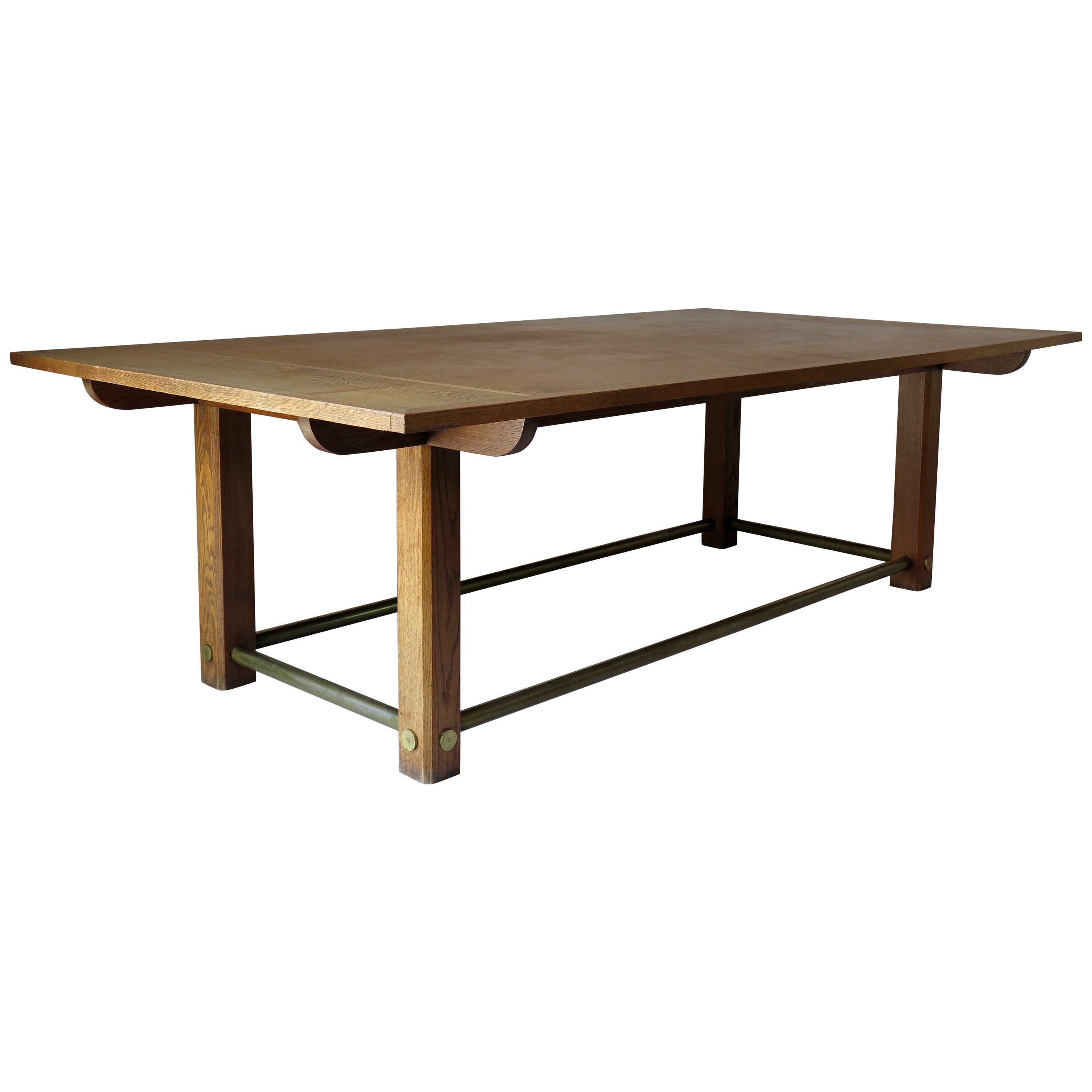 Large Oak and Brass Table, France, circa 1950s