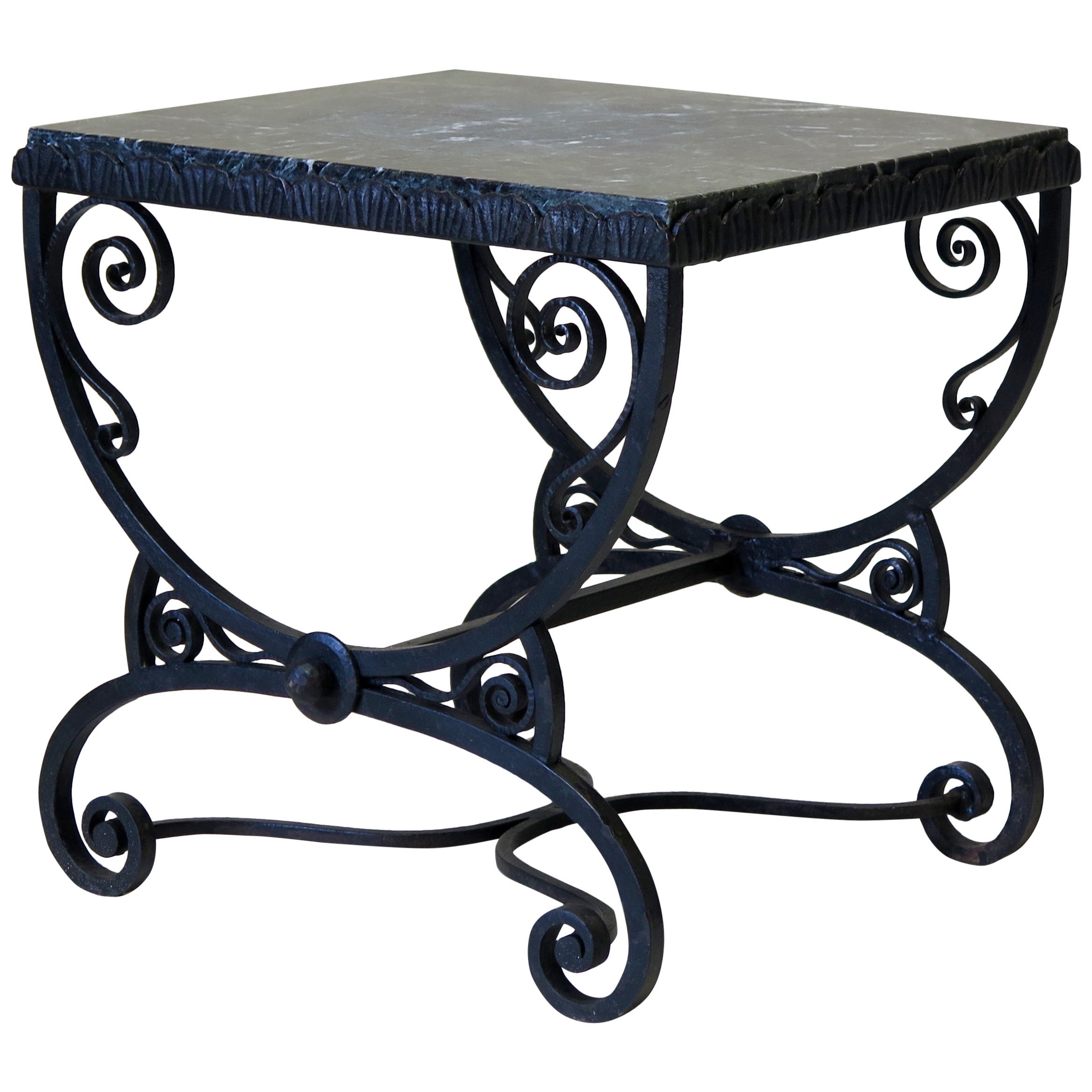 Small Art Deco Wrought Iron Table with Green Marble Top - France, 1930s