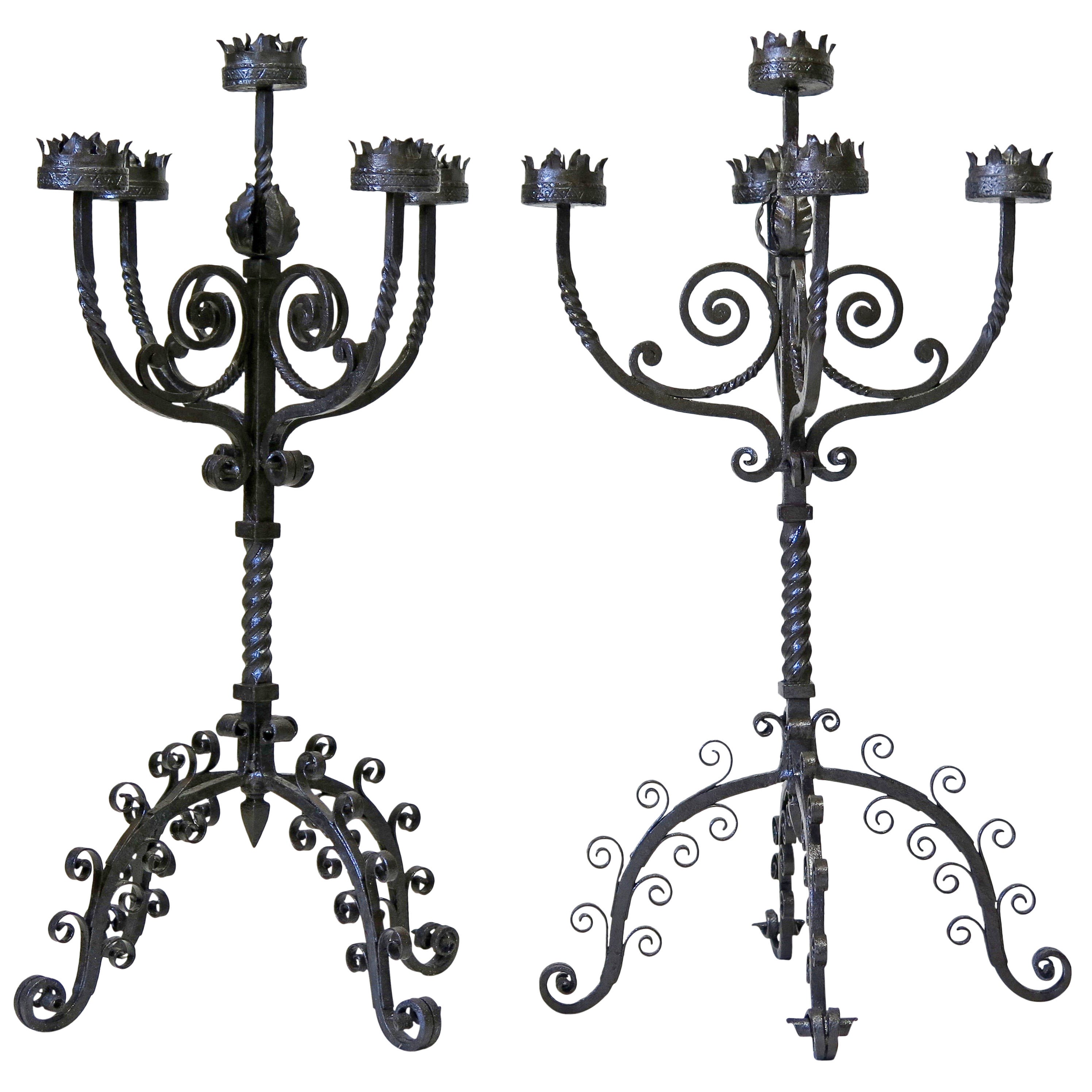 Large Pair of Medieval Style Wrought Iron Candelabras - Italy, 19th Century For Sale