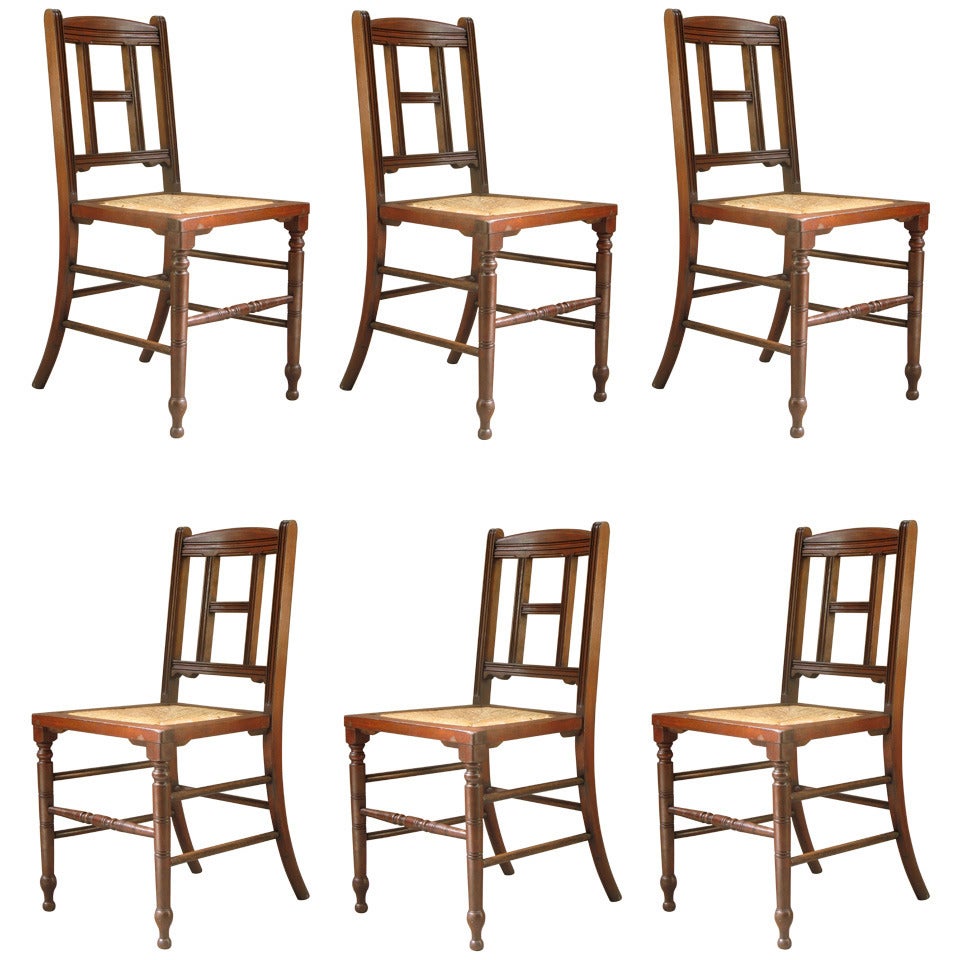 Set of Six Mahogany and Rush Dining Chairs For Sale