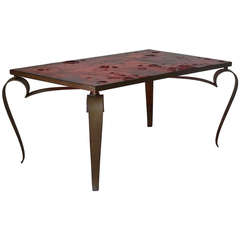 Gilt Metal and Red Resin Top Coffee Table, France, 1950s
