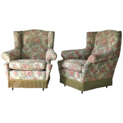 Pair of Floral Upholstered Wingback Armchairs, Italy, circa 1940s