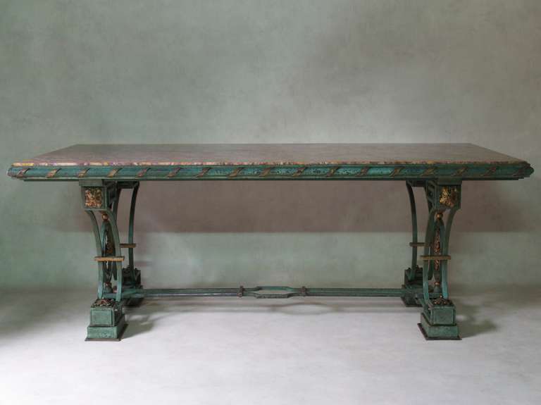 Art Deco Exceptional Wrought Iron and Brocatelle Marble Table, France, 1940s For Sale