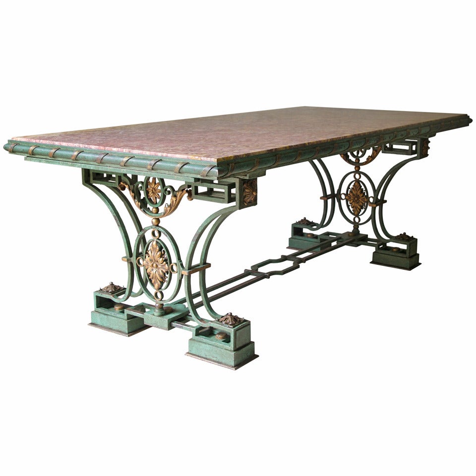 Exceptional Wrought Iron and Brocatelle Marble Table, France, 1940s For Sale
