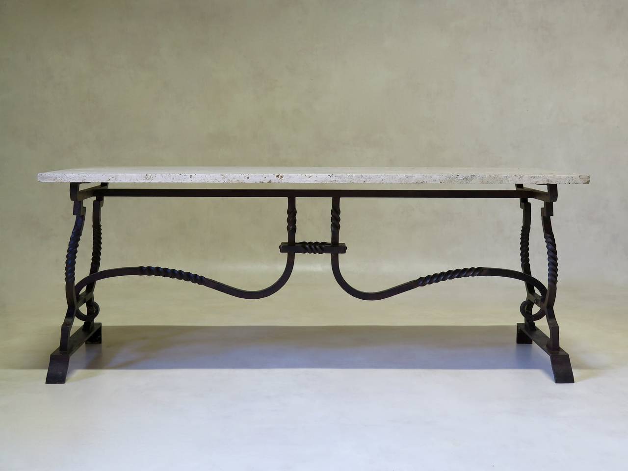 Wrought Iron and Travertine Coffee Table, France, 1940s-1950s In Excellent Condition In Isle Sur La Sorgue, Vaucluse