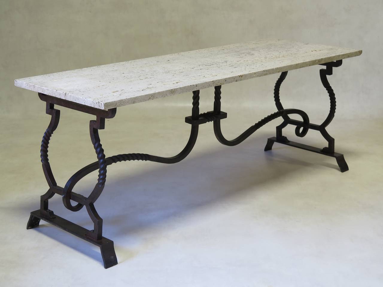 20th Century Wrought Iron and Travertine Coffee Table, France, 1940s-1950s