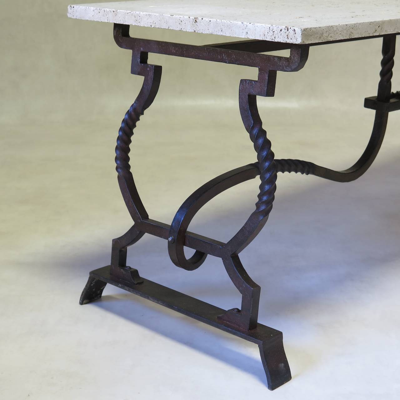 Wrought Iron and Travertine Coffee Table, France, 1940s-1950s 1