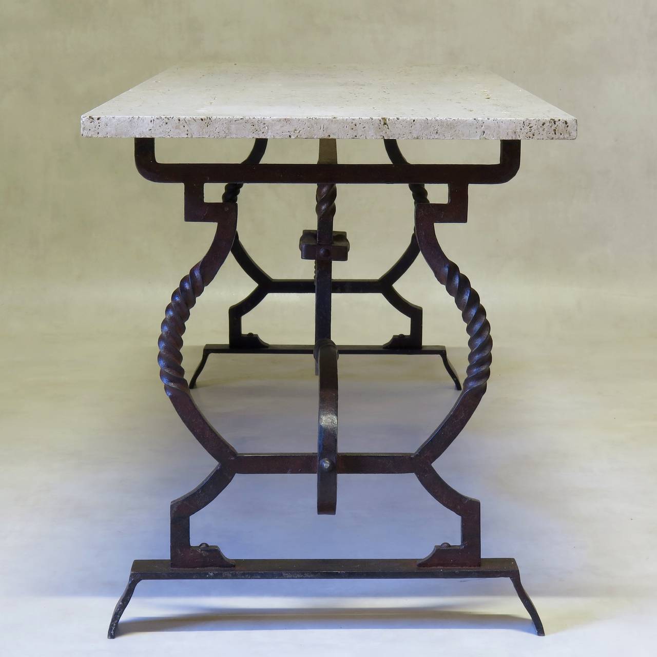 Wrought Iron and Travertine Coffee Table, France, 1940s-1950s 3
