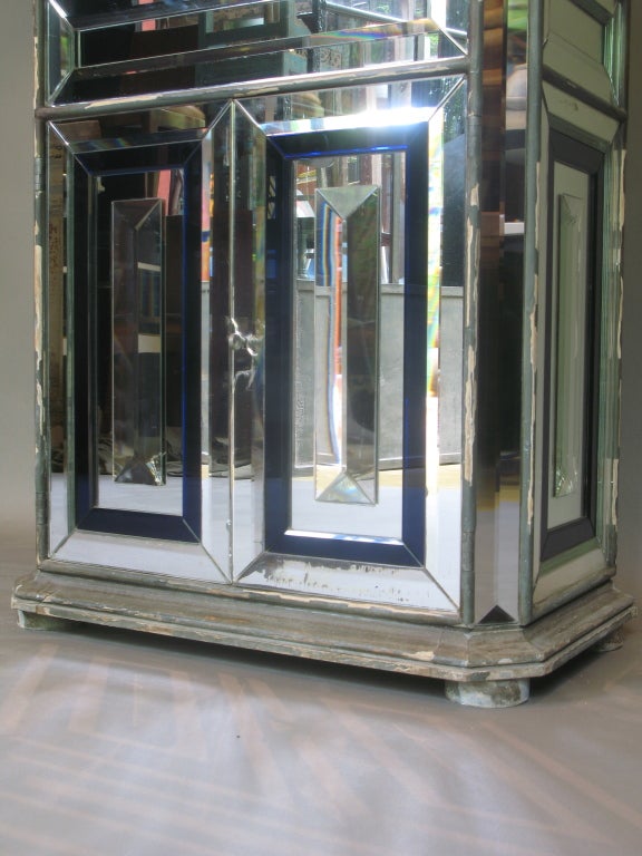 20th Century French 40s Art Deco Mirror-Clad Cabinet w. Glass Appliques For Sale