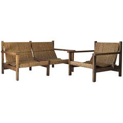 Midcentury Rush Seat Settee and Armchair
