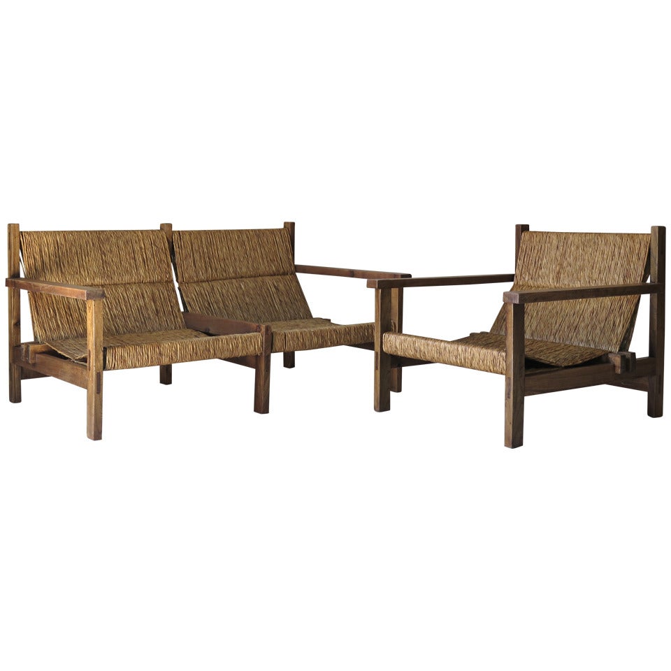 Midcentury Rush Seat Settee and Armchair