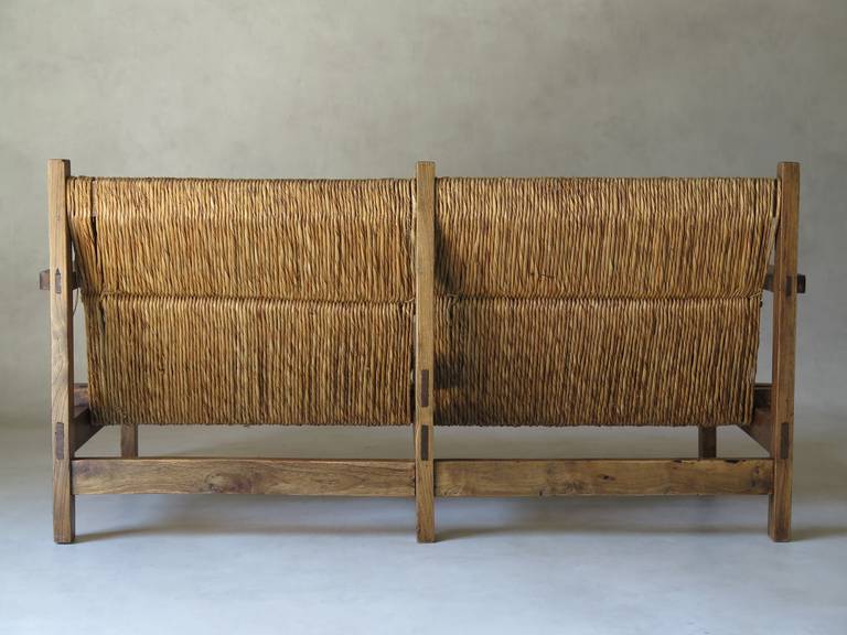 French Midcentury Rush Seat Settee and Armchair