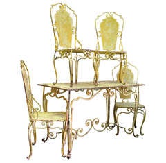 Vintage French Baroque 1940s Wrought Iron Table and Four Chairs