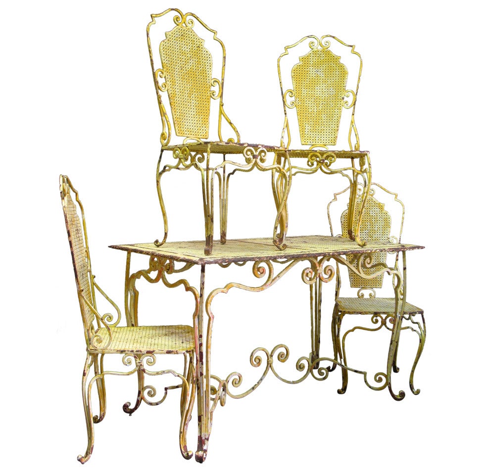 French Baroque 1940s Wrought Iron Table and Four Chairs
