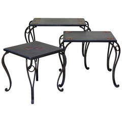 Vintage Trio of Iron & Slate Nesting Tables with Zodiac Sign Motif - France, Circa 1950s