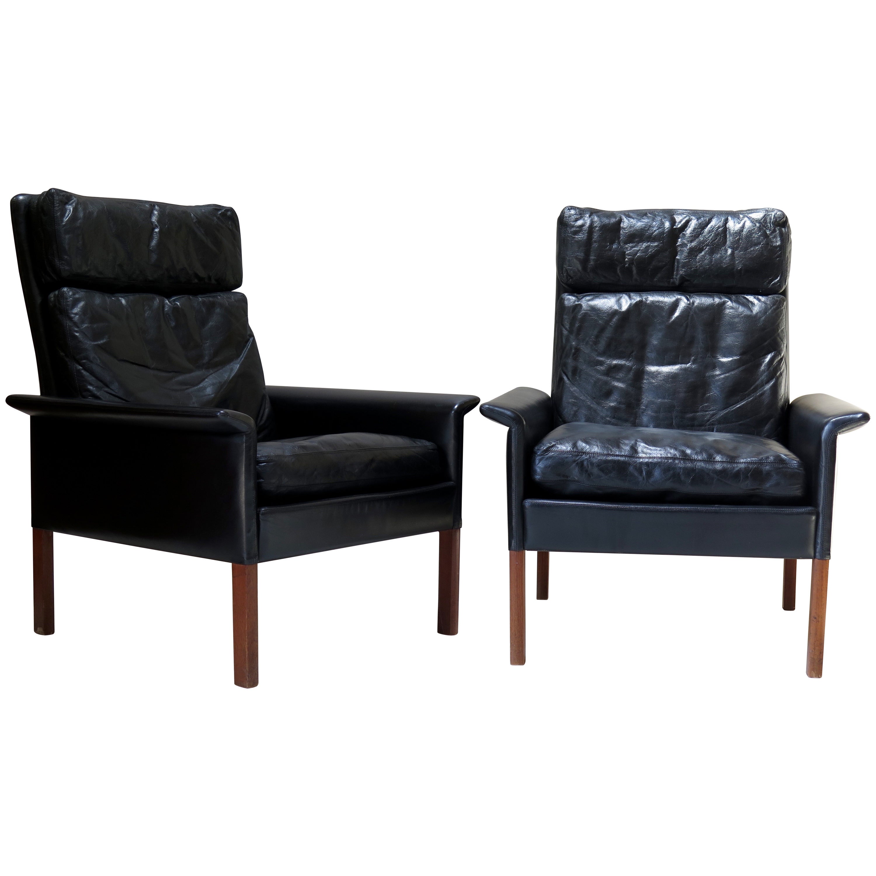 Pair of Hans Olsen Leather & Rosewood Armchairs - Denmark, Circa 1960s For Sale