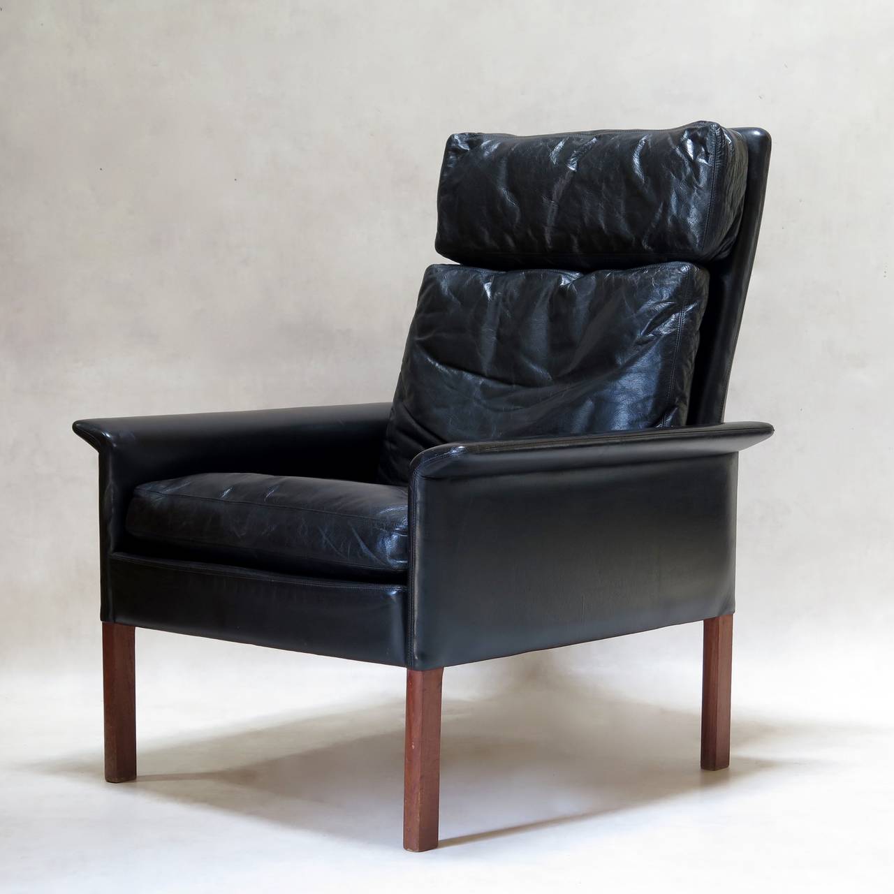 Mid-Century Modern Pair of Hans Olsen Leather & Rosewood Armchairs - Denmark, Circa 1960s For Sale