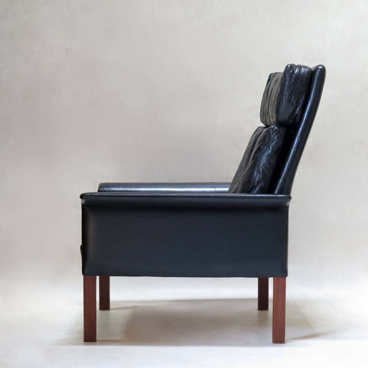 Danish Pair of Hans Olsen Leather & Rosewood Armchairs - Denmark, Circa 1960s For Sale