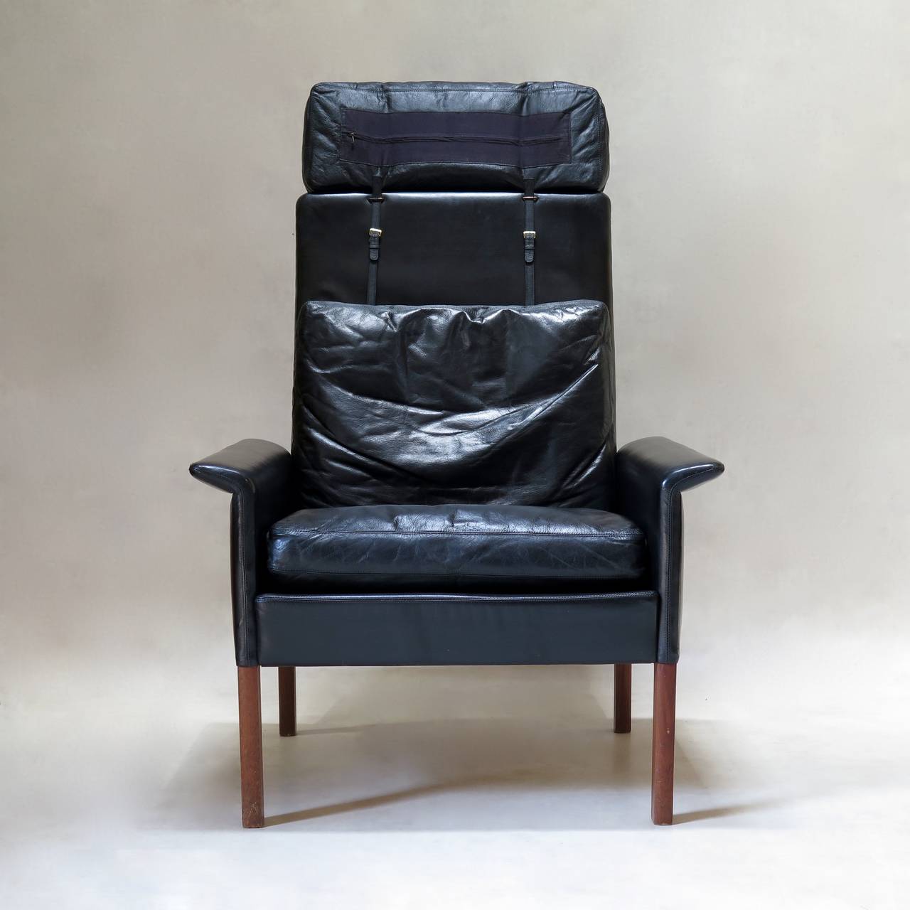 Pair of Hans Olsen Leather & Rosewood Armchairs - Denmark, Circa 1960s For Sale 1