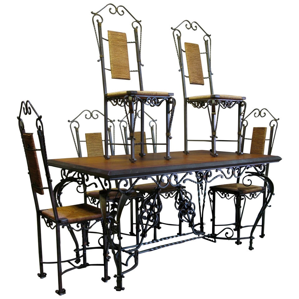 Exceptional Wrought Iron Ivy Motif Table and Six Chairs, France, 1940s