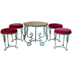 "Stork" Motif Wrought Iron Coffee Table & 4 Stools - France, 1940s