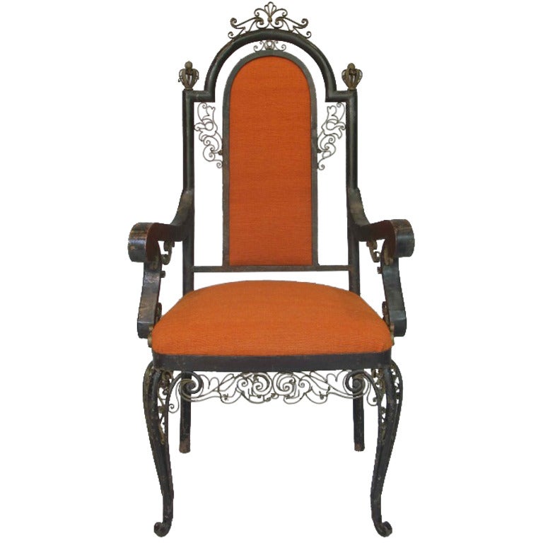 1940s Neo Baroque Lounge Armchair Orange Wool Fabric Black Metal 