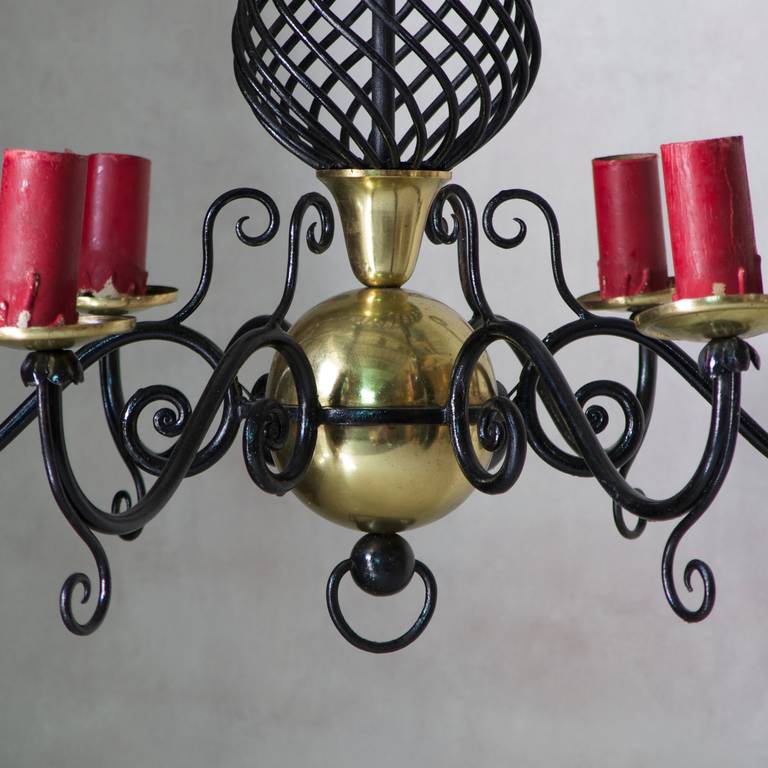 Mid-20th Century Brass and Iron Chandelier, France circa 1950s For Sale