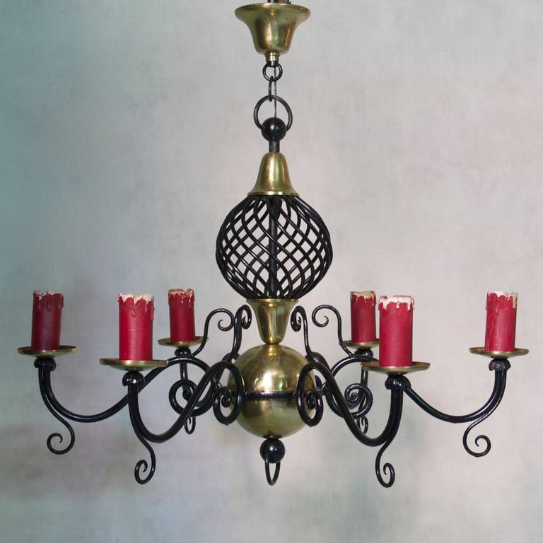 Francese Lampadario in ottone e ferro, Francia, anni '50 circa in vendita